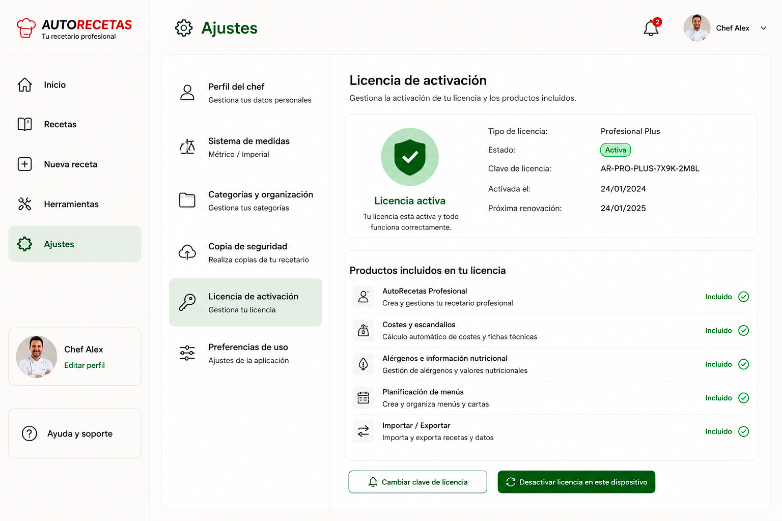 Licencia de activación AutoRecetas