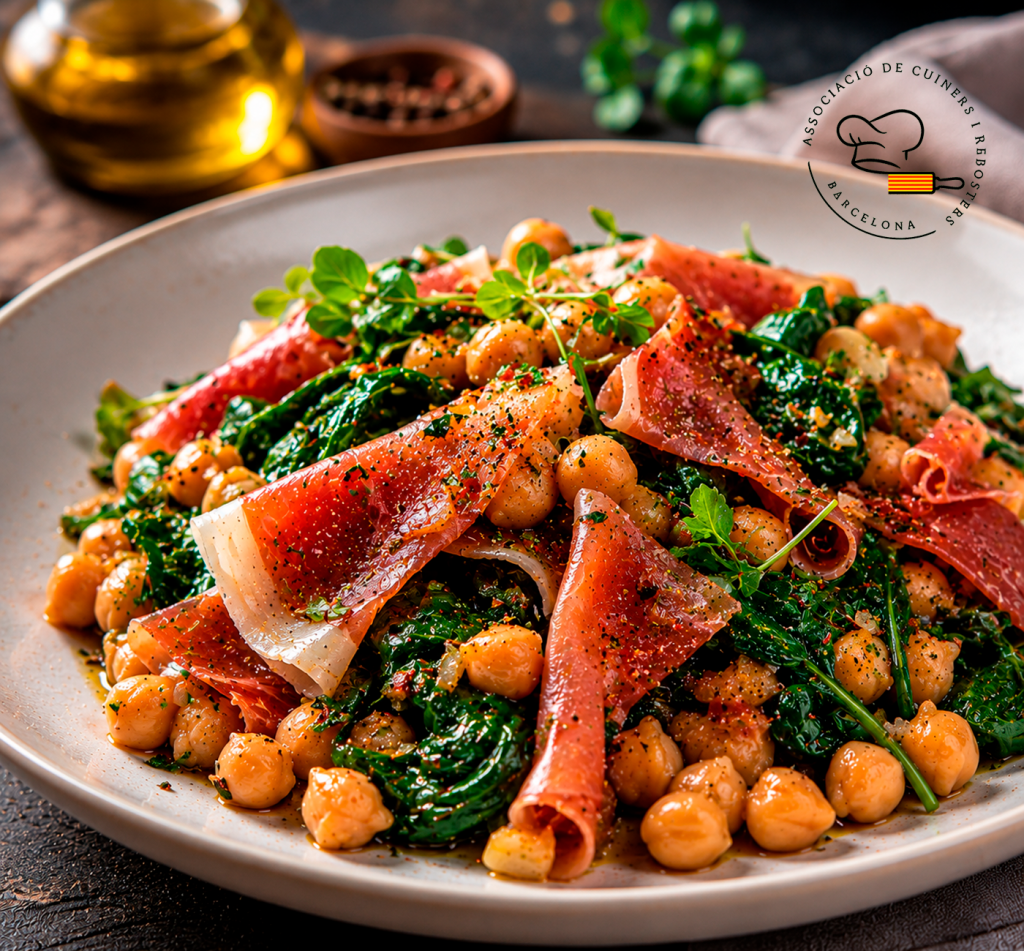 Salteado de Garbanzos con Espinacas y Jamón Serrano