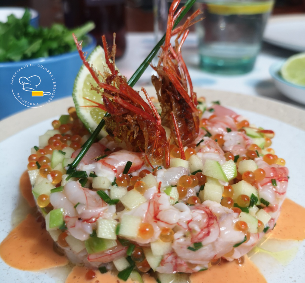 Tartar de Gambas Rojas con Huevas de Trucha y Mayonesa de sus CabezasArroz meloso de setas
