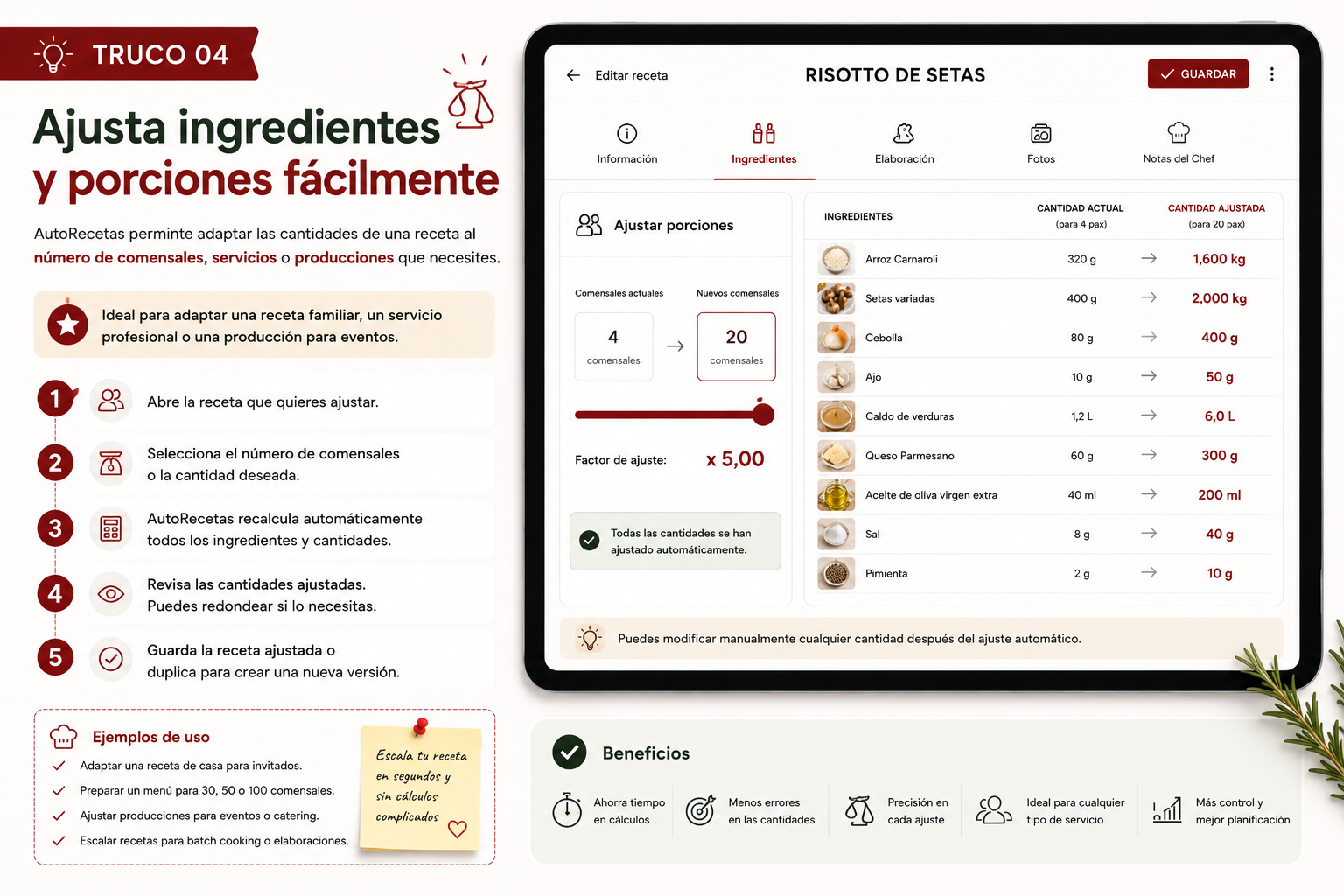 Ajustar porciones en AutoRecetas