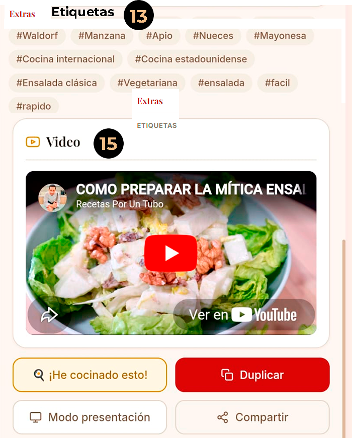 Ejemplo Receta Ensalada Waldorf: Extras, etiquetas y Video