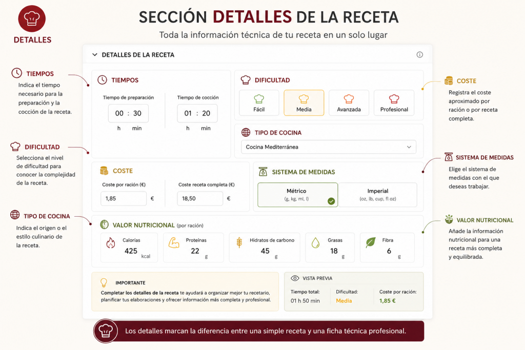 AUTORECETAS -Sección DETALLES de ka Receta