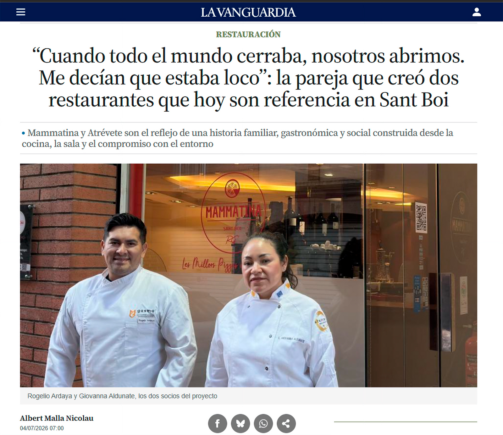 4/7/26 Artículo La Vanguardia - “Cuando todo el mundo cerraba, nosotros abrimos. Me decían que estaba loco”: la pareja que creó dos restaurantes que hoy son referencia en Sant Boi