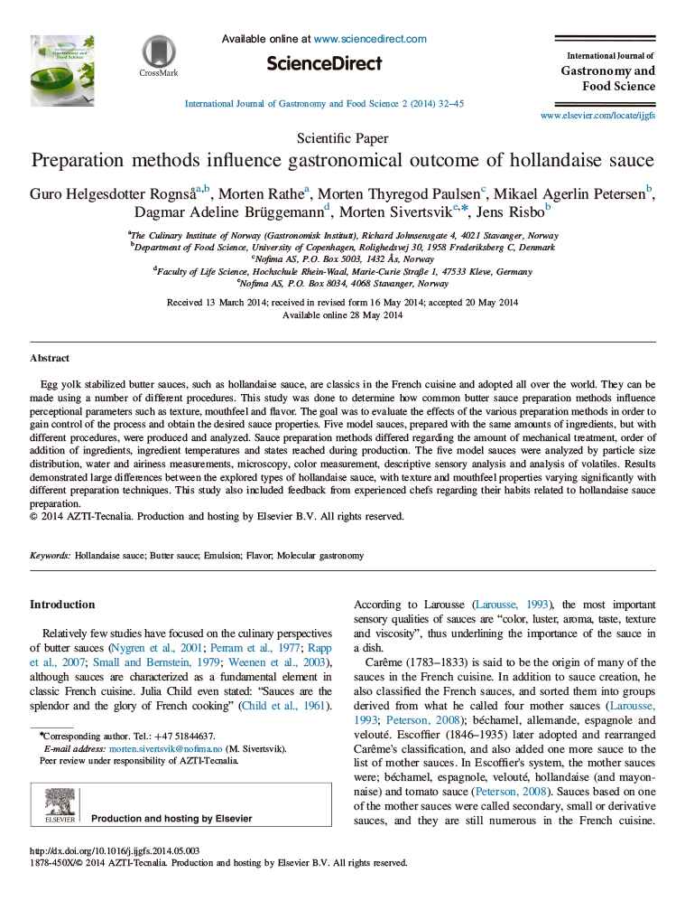 Preparation methods influence gastronomical outcome of hollandaise sauce investigó