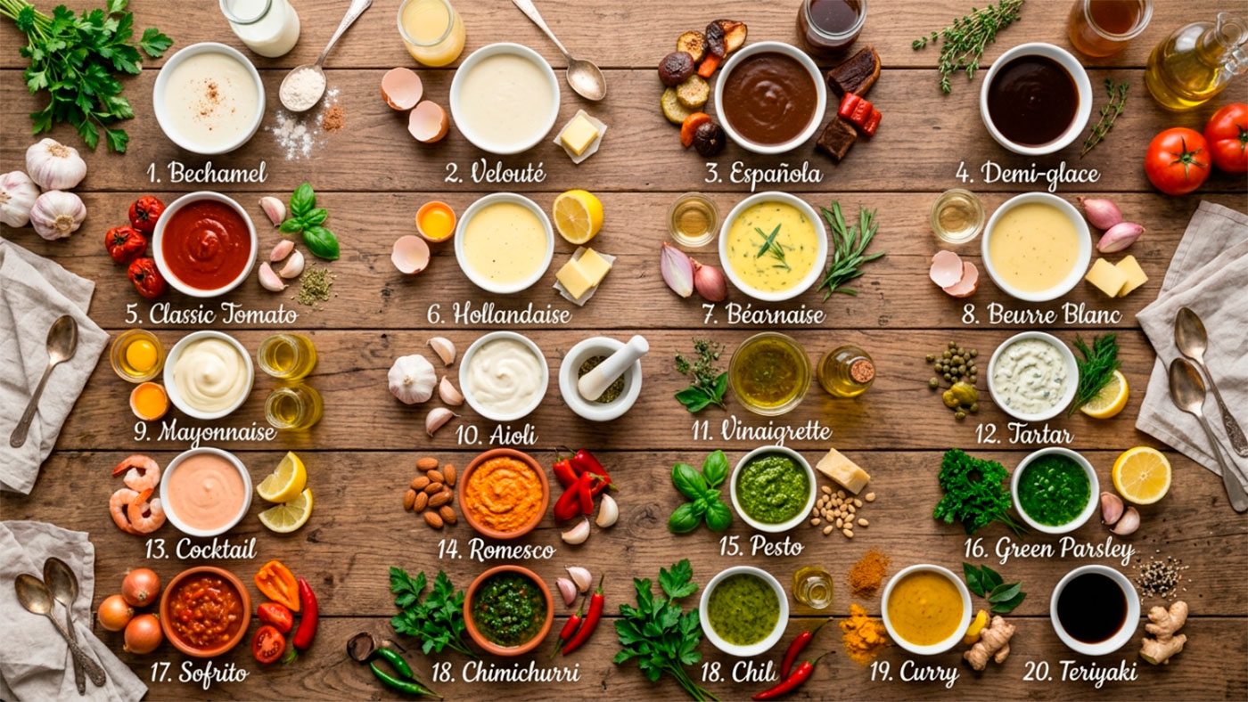 Buffet del Pacck 20 Salsas base esenciales en Cocina de AutoRecetas