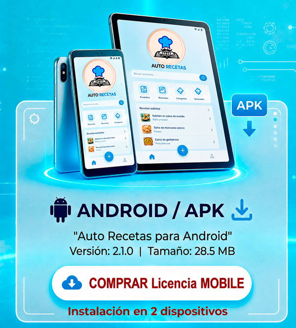 Comprar Licencia AutoRecetas para MOBILE Android - 2 instalaciones