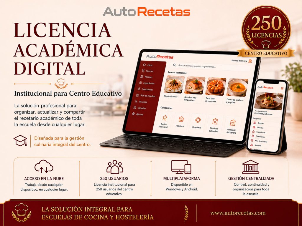 Licencia INSTITUCIONAL Centro Académico AutoRecetas para Escuelas de Cocina y Hostelería - 250 licencias