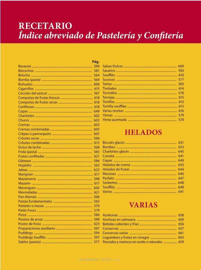 Índice de PASTELERÍA de la obra "El PRÁCTICO 6500 Recetas - Resumen Mundial de Cocina y Pastelería"
